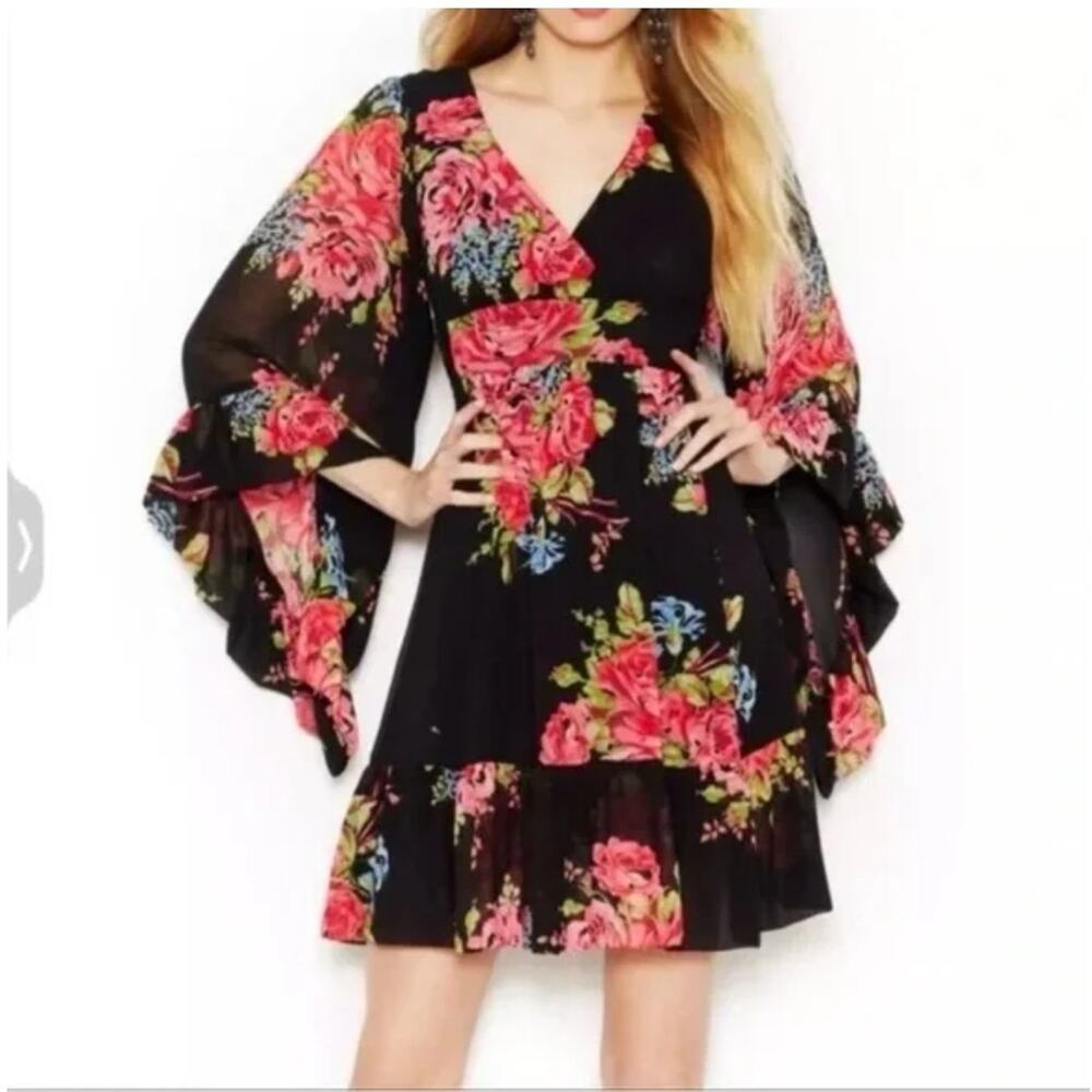 Betsy Johnson Floral Mini Dress Sz 4 Black Pink Babydoll Bell Sleeves Whimsigoth - Picture 12 of 16